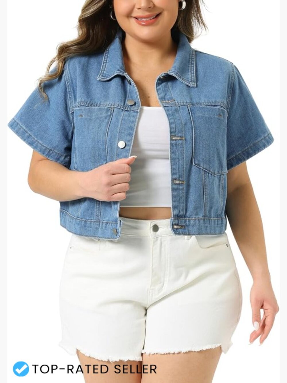 Cropped Denim Jacket Plus Size Casual Button Up Light Blue Stretch